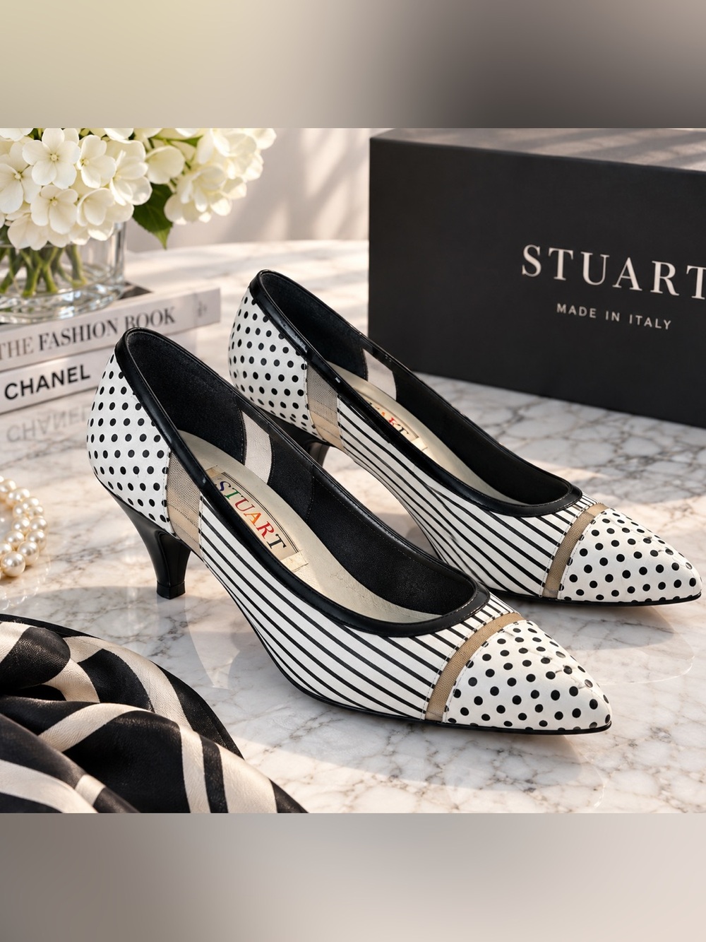 Stuart Black White Polka Dot Striped Pumps Heels Size 6.5 Made Italy Vntg